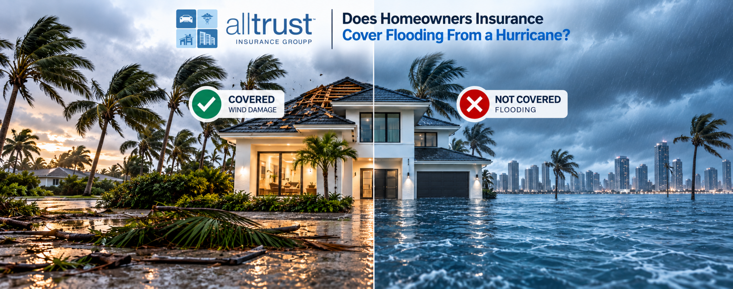 South Florida home with hurricane roof damage and standing floodwater, illustrating the difference between wind and flood claims.