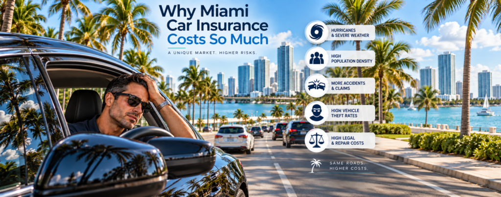 Heavy traffic on a Miami expressway, one of the factors driving car insurance costs in Miami-Dade County.
